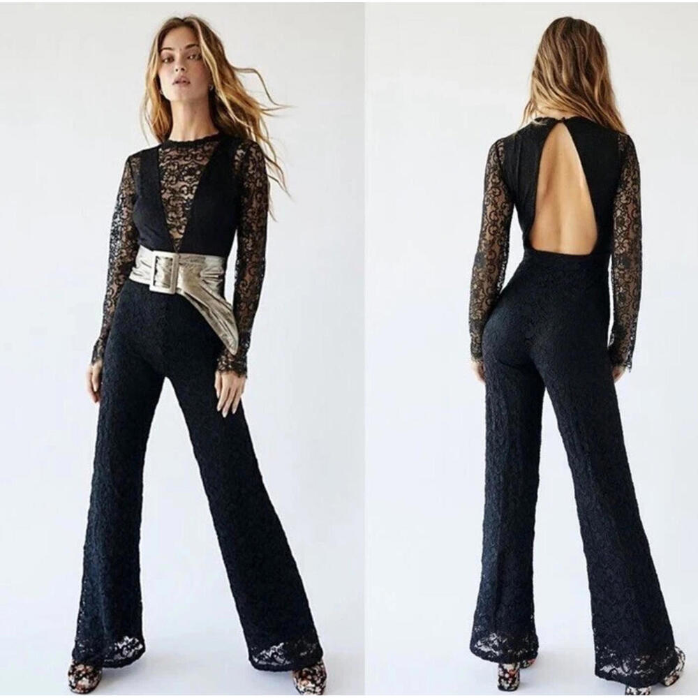 Free People x Nightcap Serata Black Lace short sleeveOpen Back Jumpsuit S $495 - Picture 1 of 8